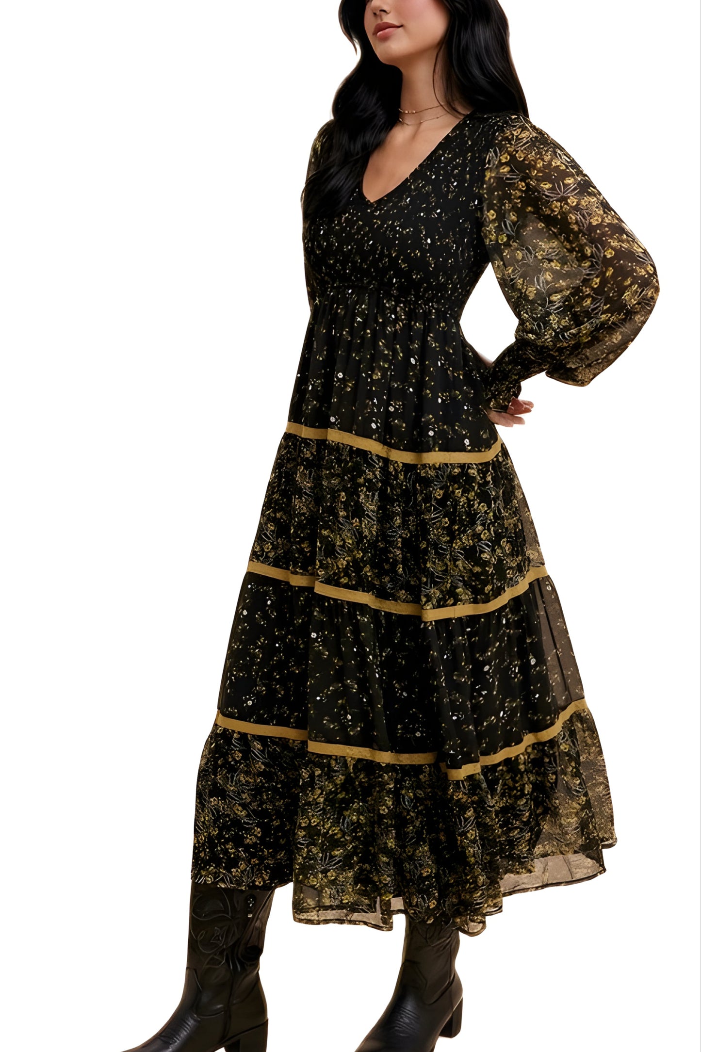 Floral Tiered Long Sleeve Midi Dress With Contrast Trim