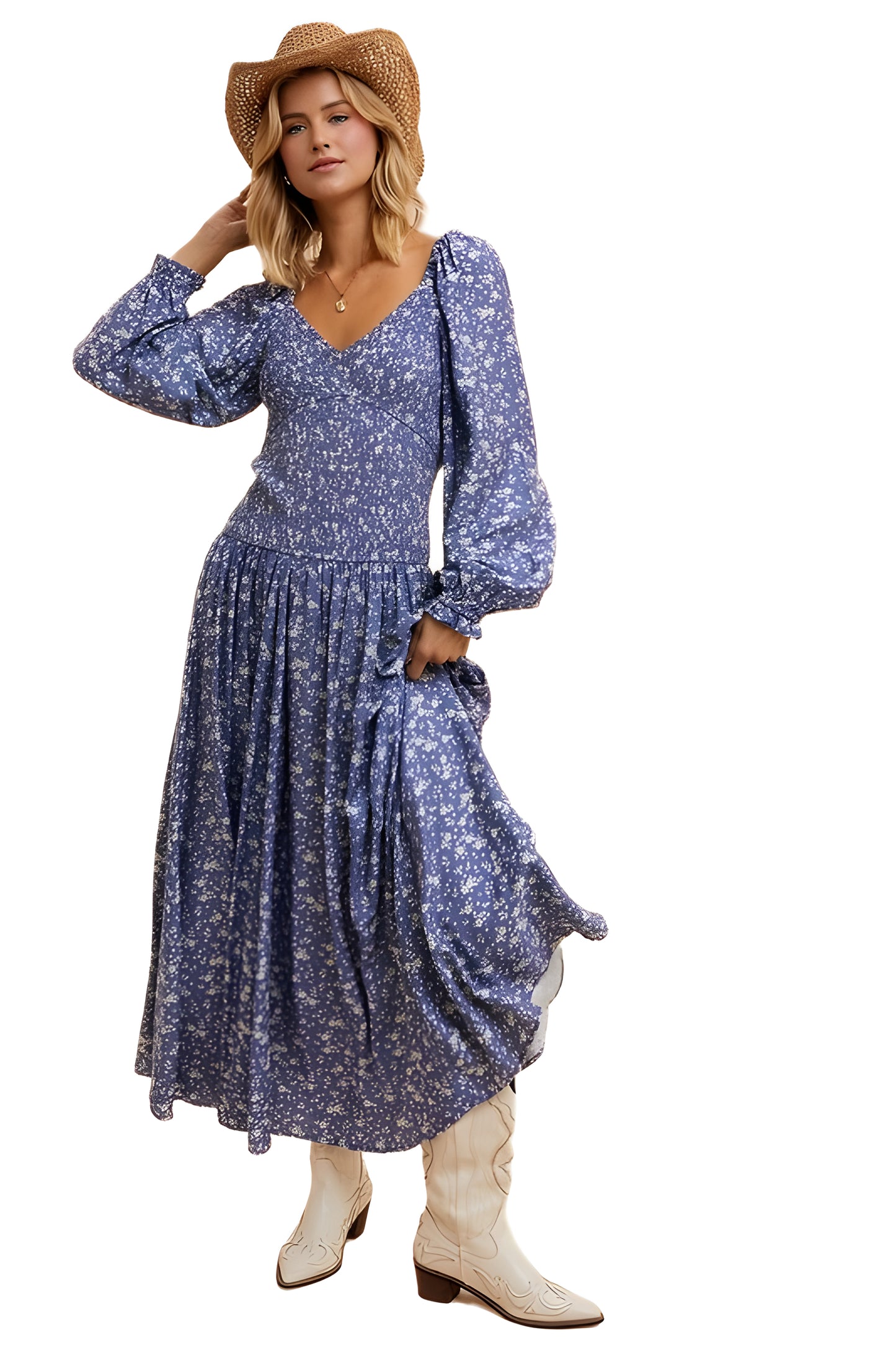 Floral Long Sleeve Midi Dress With Puff Shoulder Detail