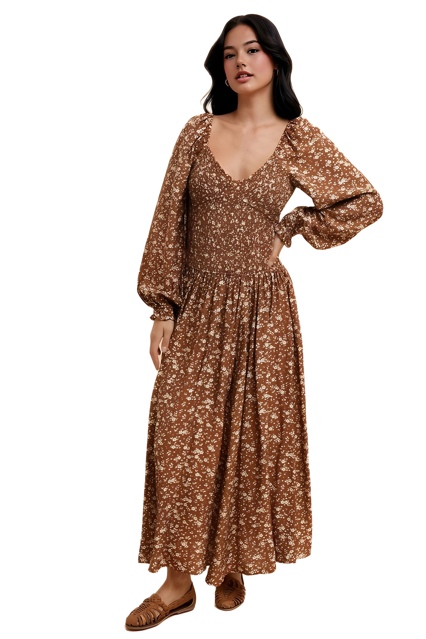 Floral Long Sleeve V-Neck Maxi Dress With Smocked Waist