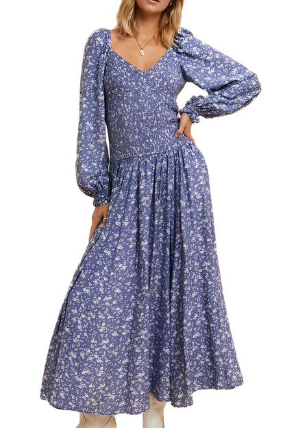 Floral Long Sleeve Midi Dress With Puff Shoulder Detail