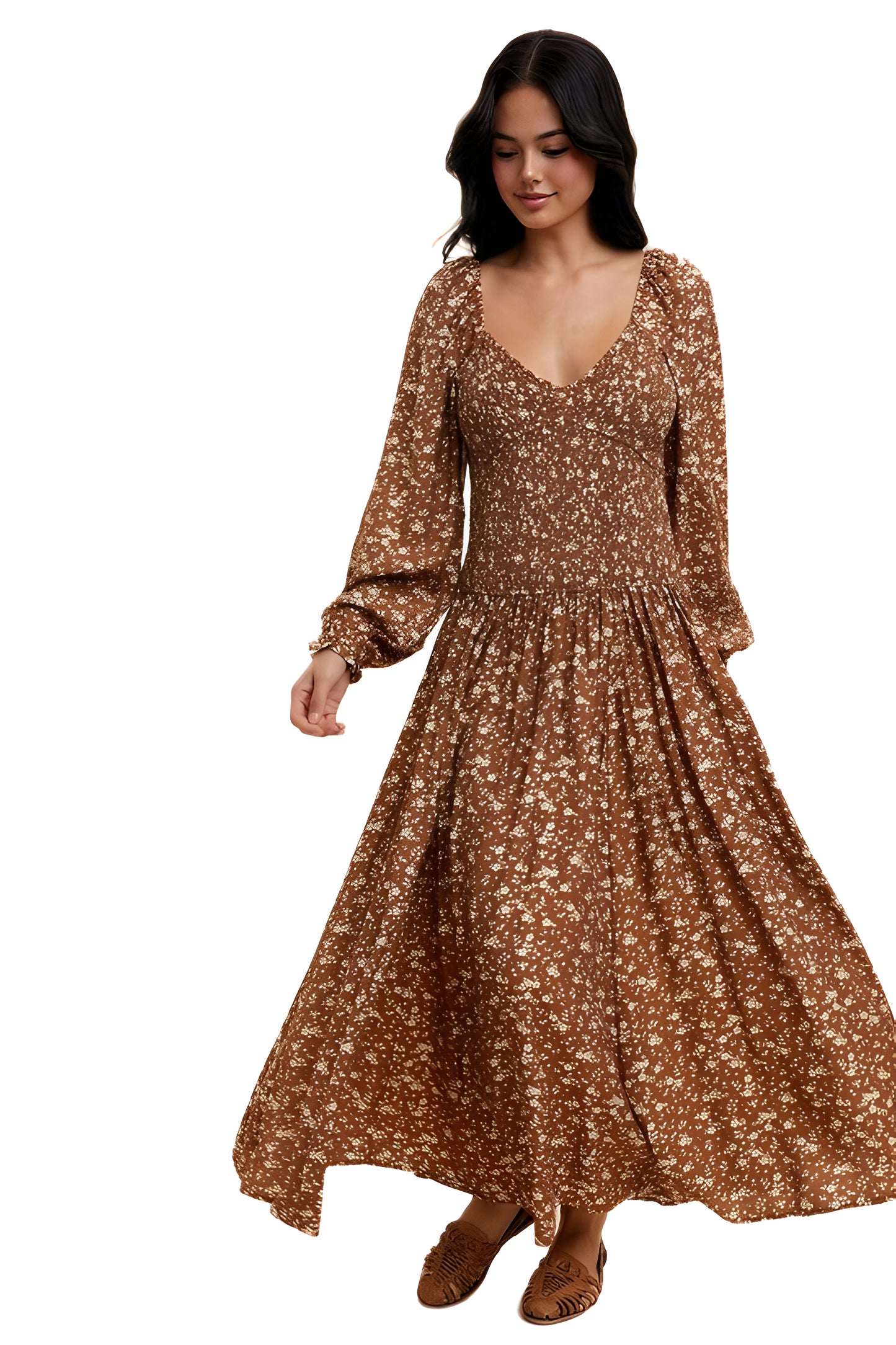 Floral Long Sleeve V-Neck Maxi Dress With Smocked Waist