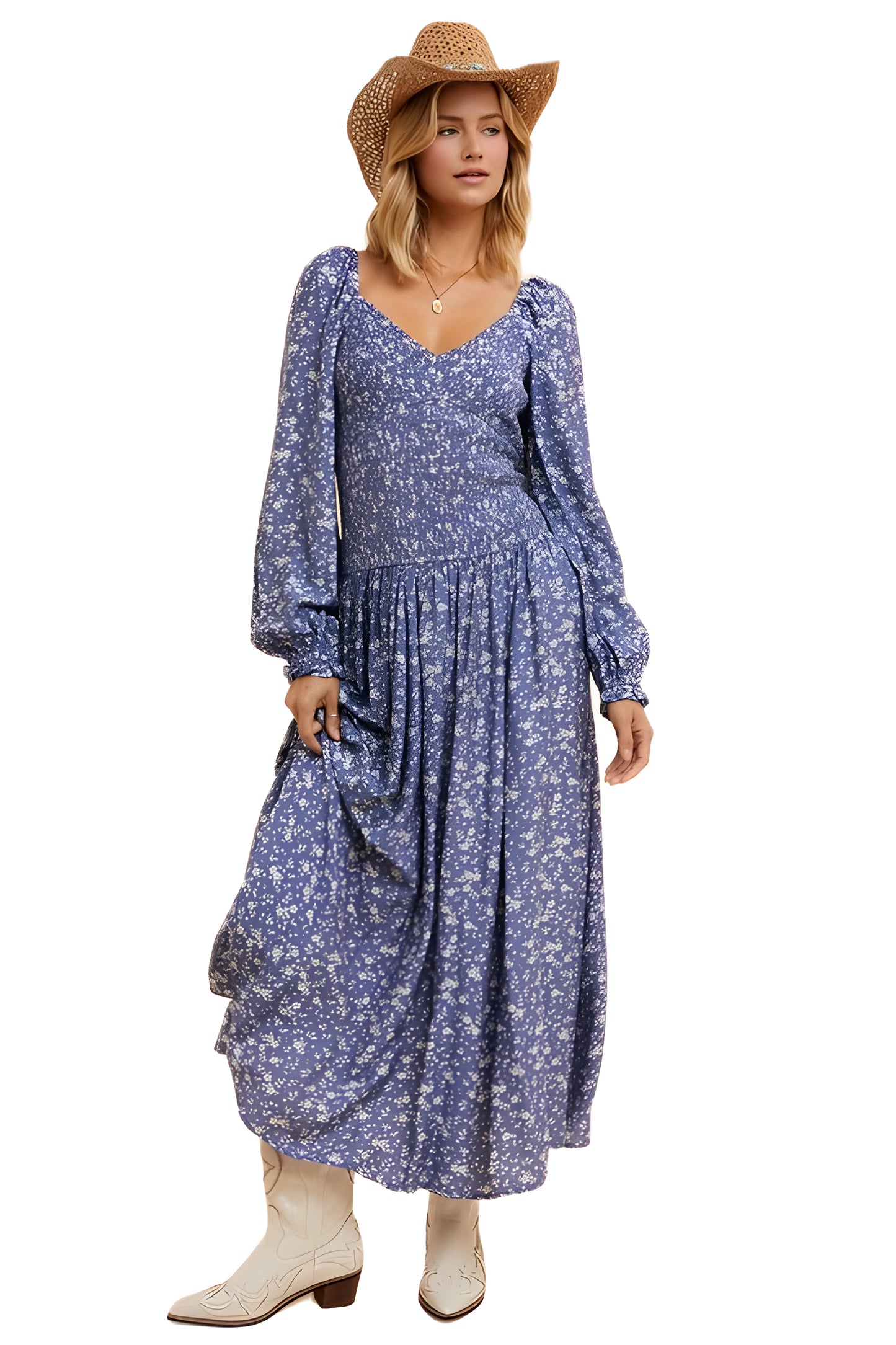 Floral Long Sleeve Midi Dress With Puff Shoulder Detail