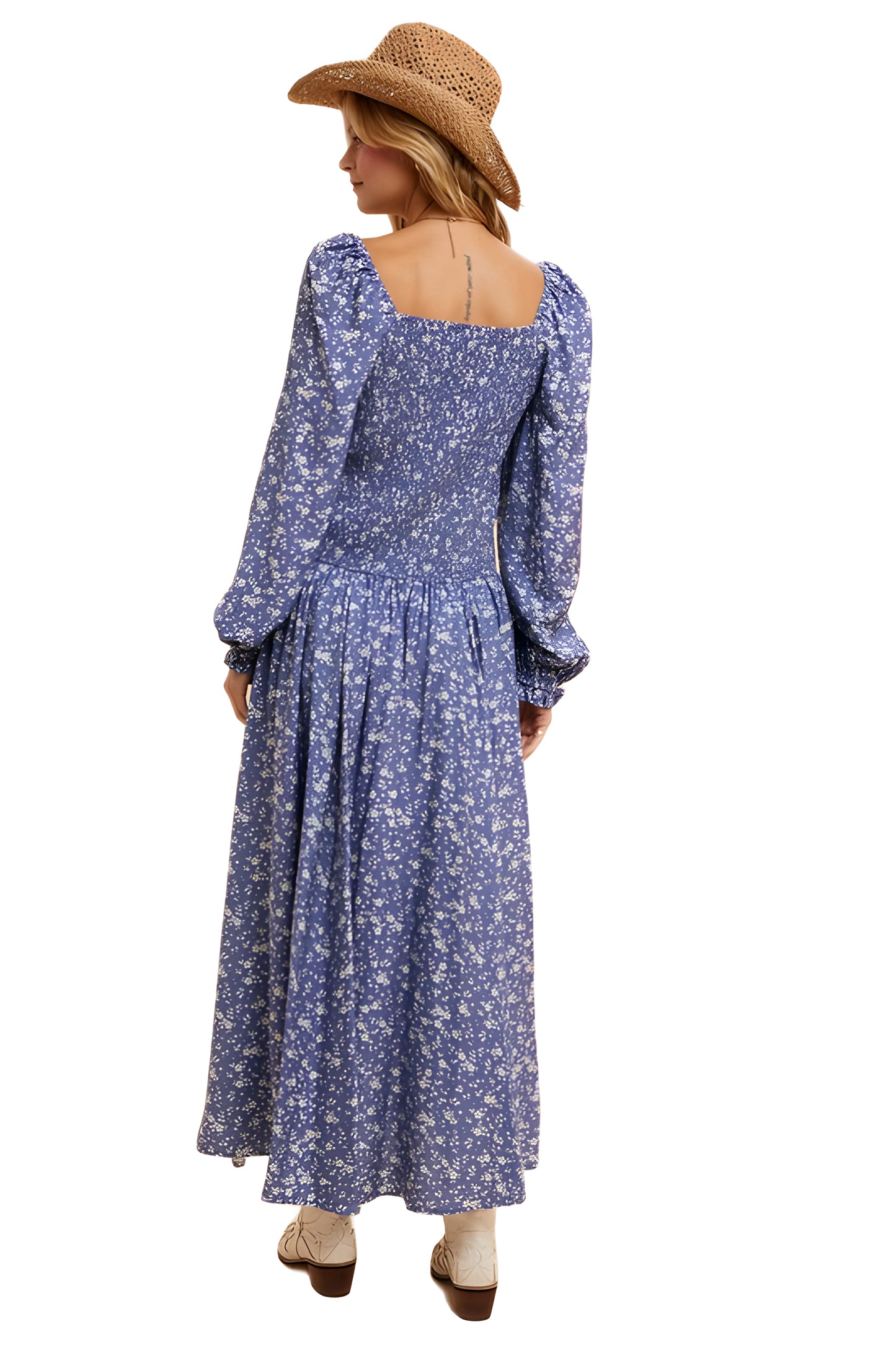 Floral Long Sleeve Midi Dress With Puff Shoulder Detail