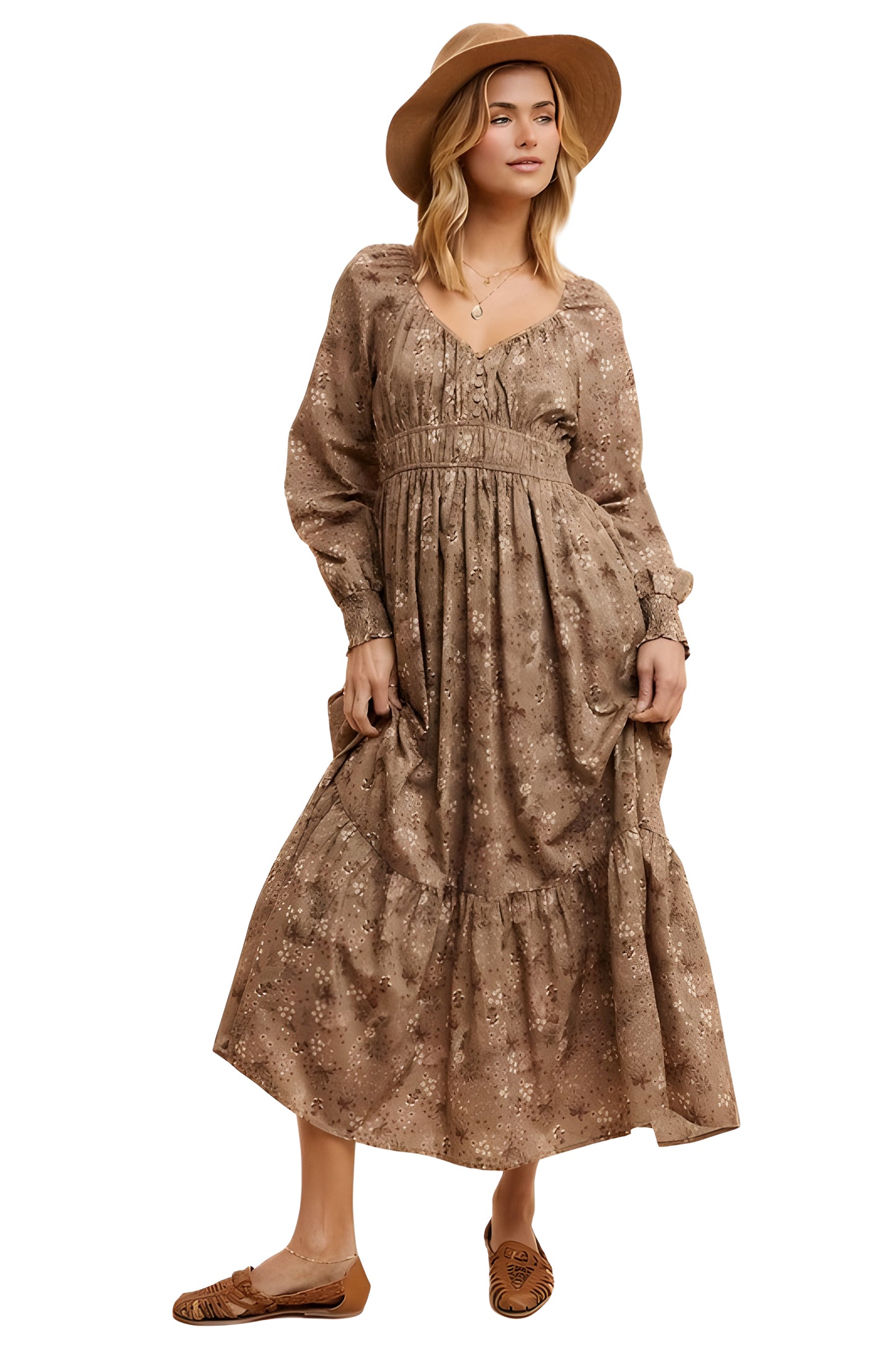 Long Sleeve Floral Print Ruffle Tiered Midi Dress with Empire Waist