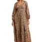 Long Sleeve Floral Print Ruffle Tiered Midi Dress with Empire Waist