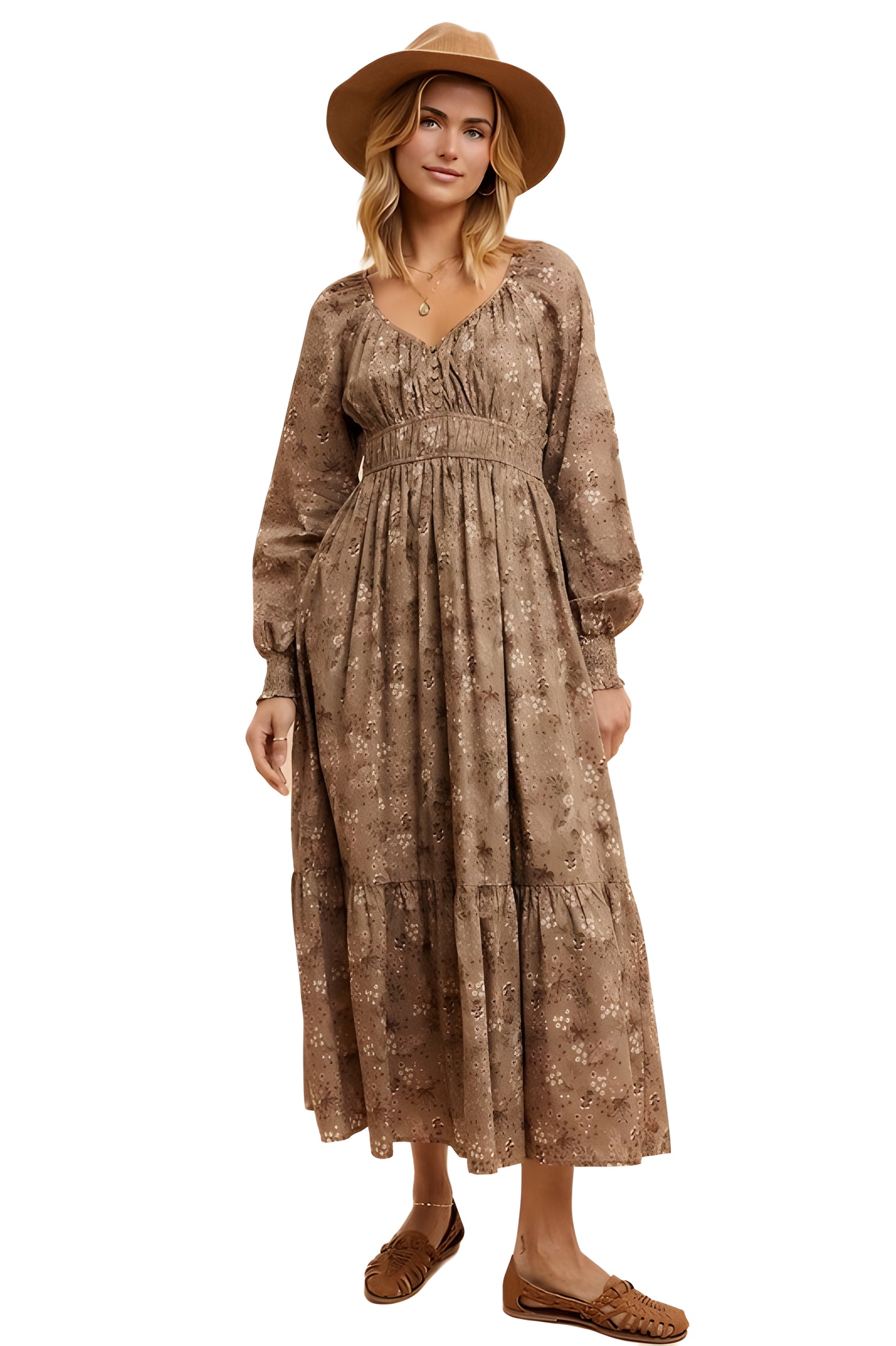 Long Sleeve Floral Print Ruffle Tiered Midi Dress with Empire Waist