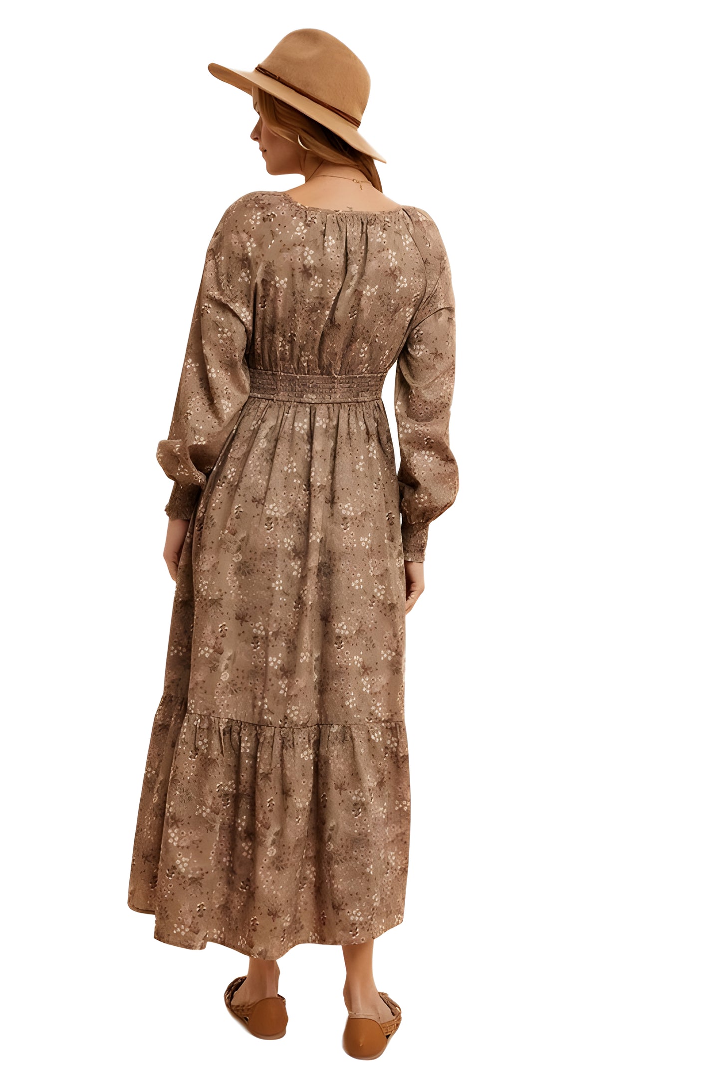 Long Sleeve Floral Print Ruffle Tiered Midi Dress with Empire Waist