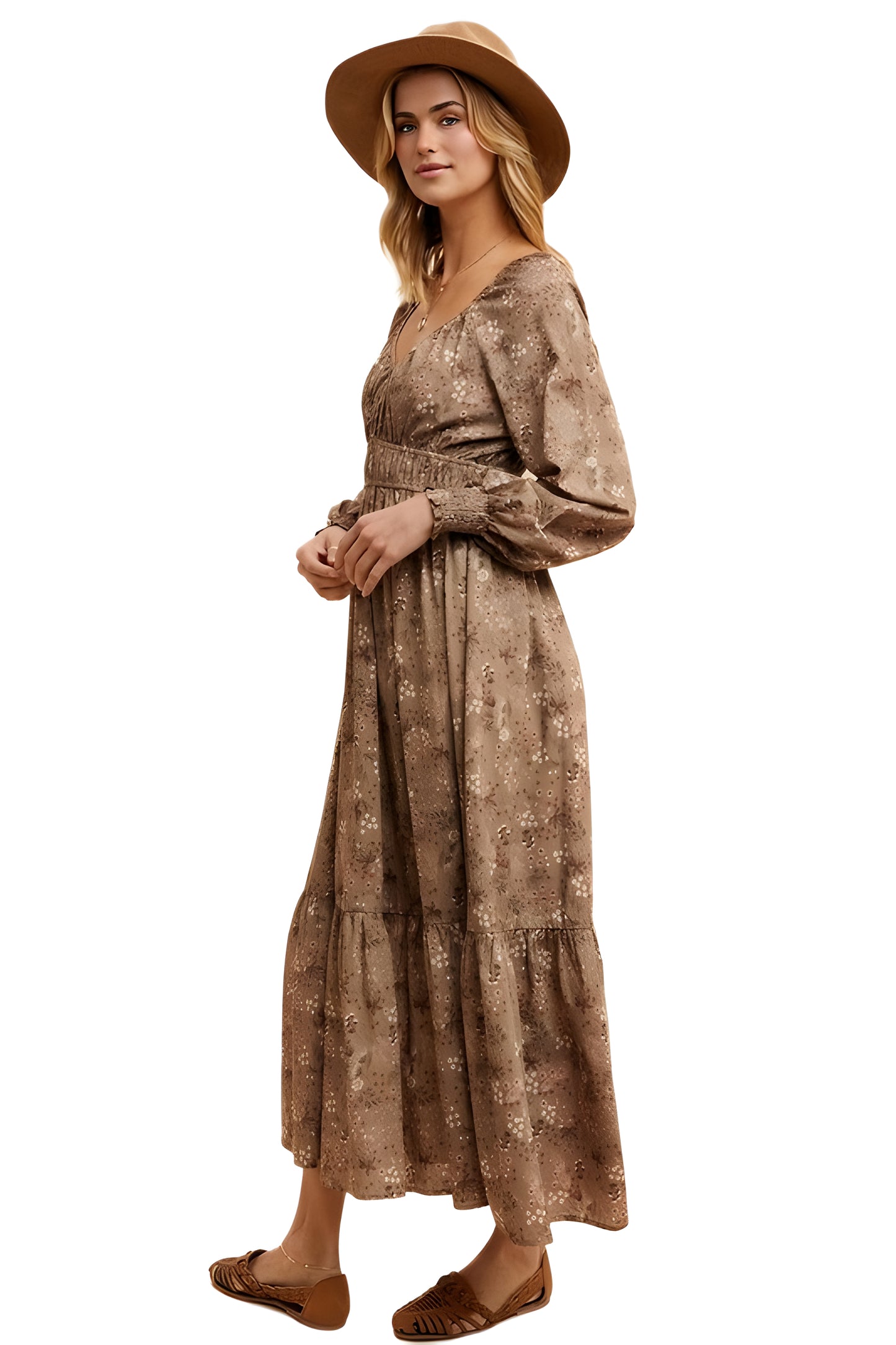 Long Sleeve Floral Print Ruffle Tiered Midi Dress with Empire Waist
