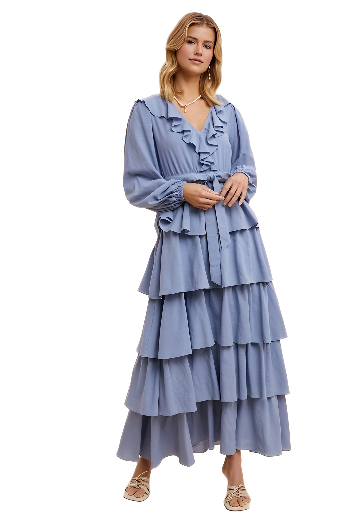 Tiered Ruffle Wrap Maxi Dress With Long Sleeves And Tie Waist