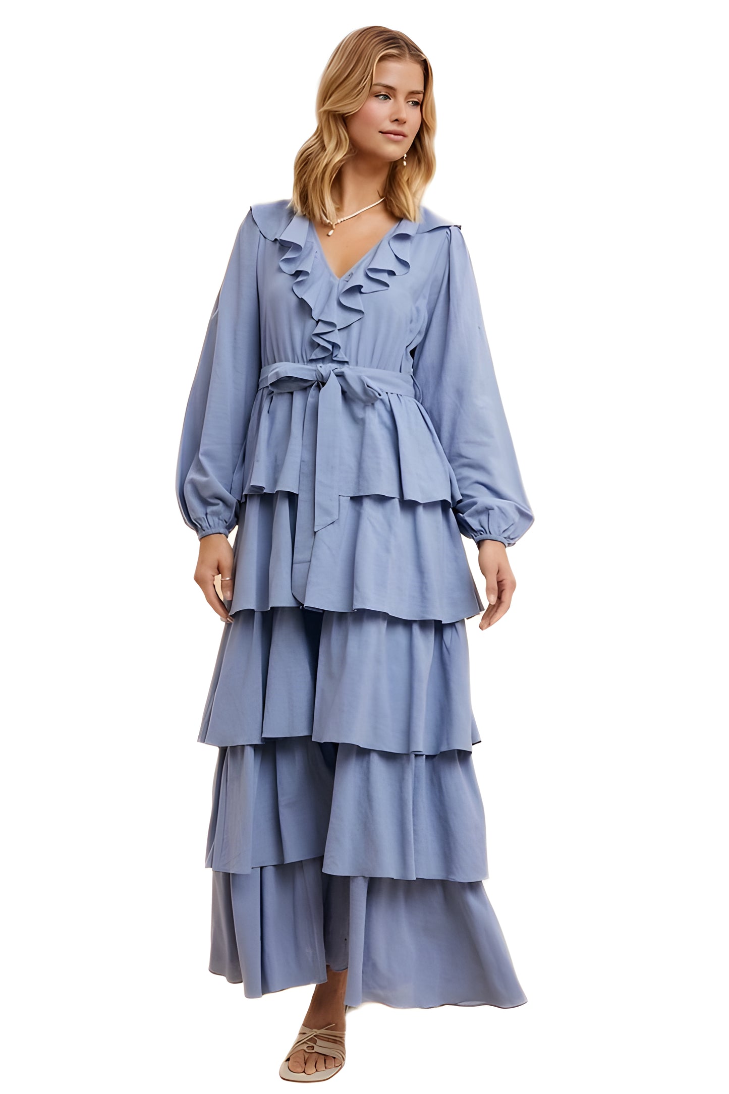 Tiered Ruffle Wrap Maxi Dress With Long Sleeves And Tie Waist