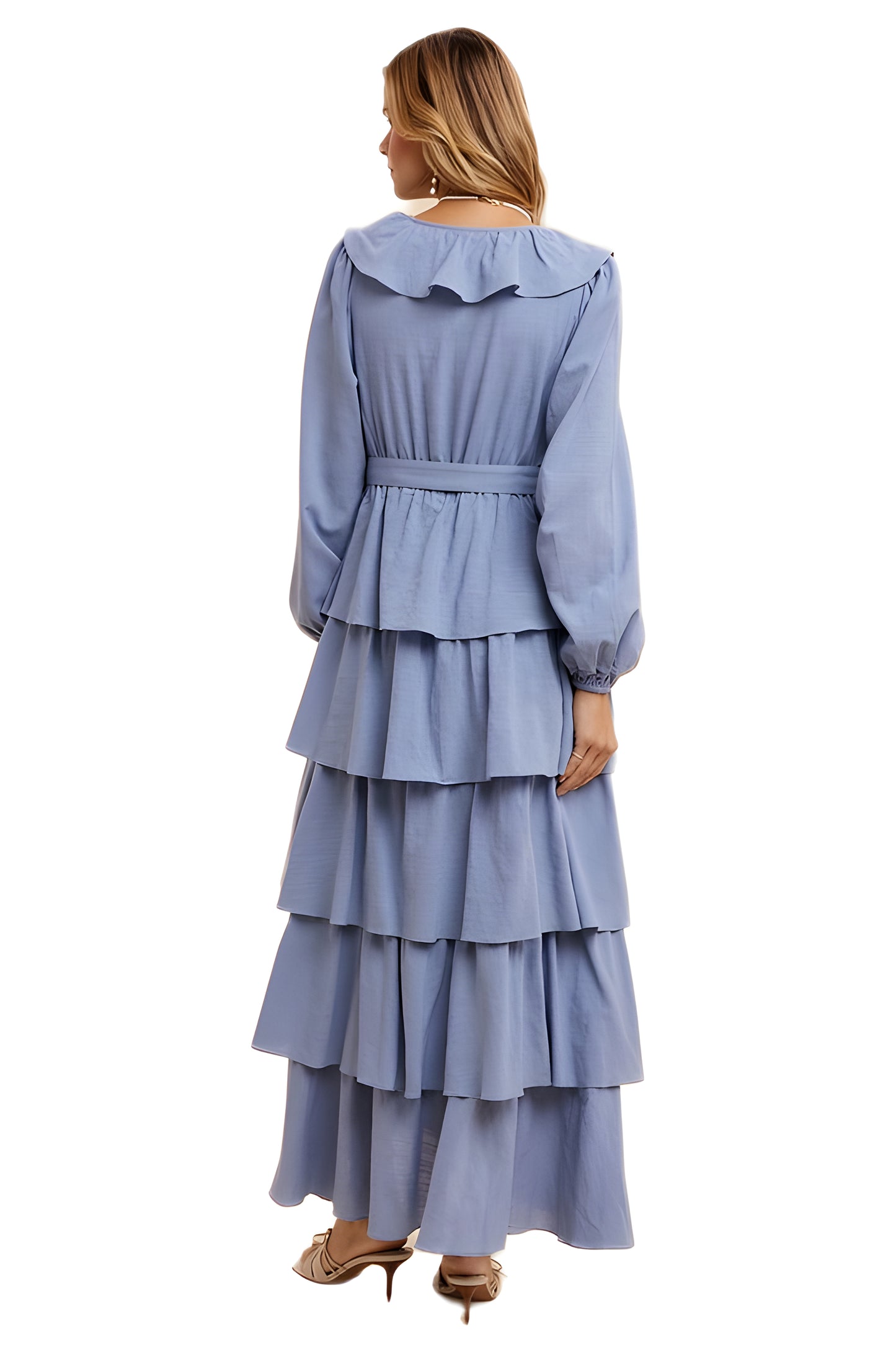 Tiered Ruffle Wrap Maxi Dress With Long Sleeves And Tie Waist