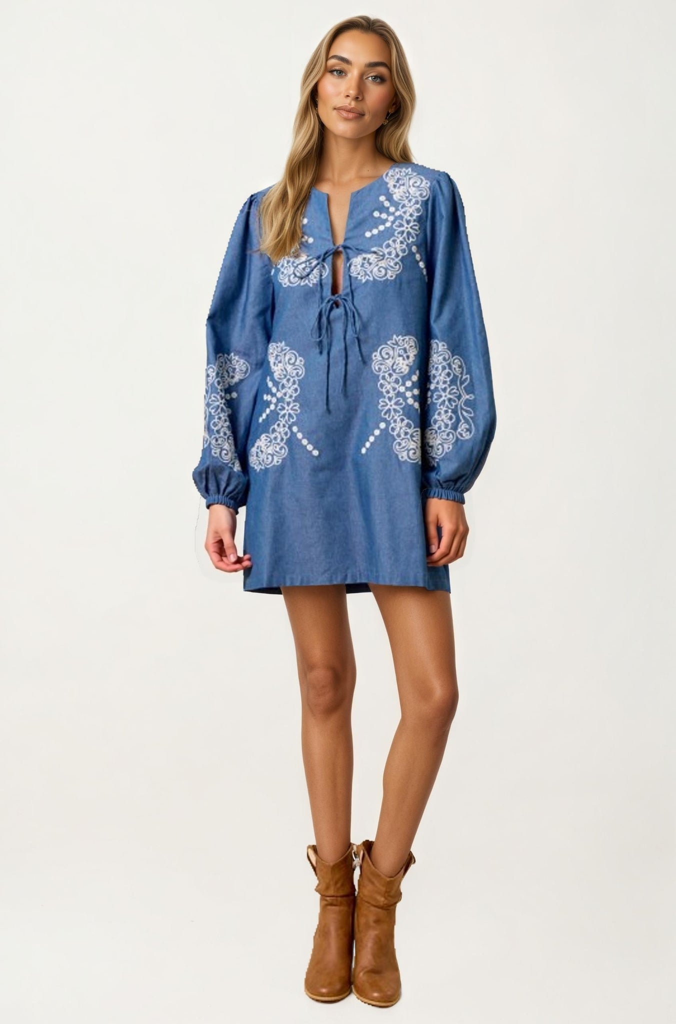 Embroidered Chambray Mini Dress with Long Sleeves