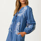 Embroidered Chambray Mini Dress with Long Sleeves
