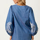 Embroidered Chambray Mini Dress with Long Sleeves