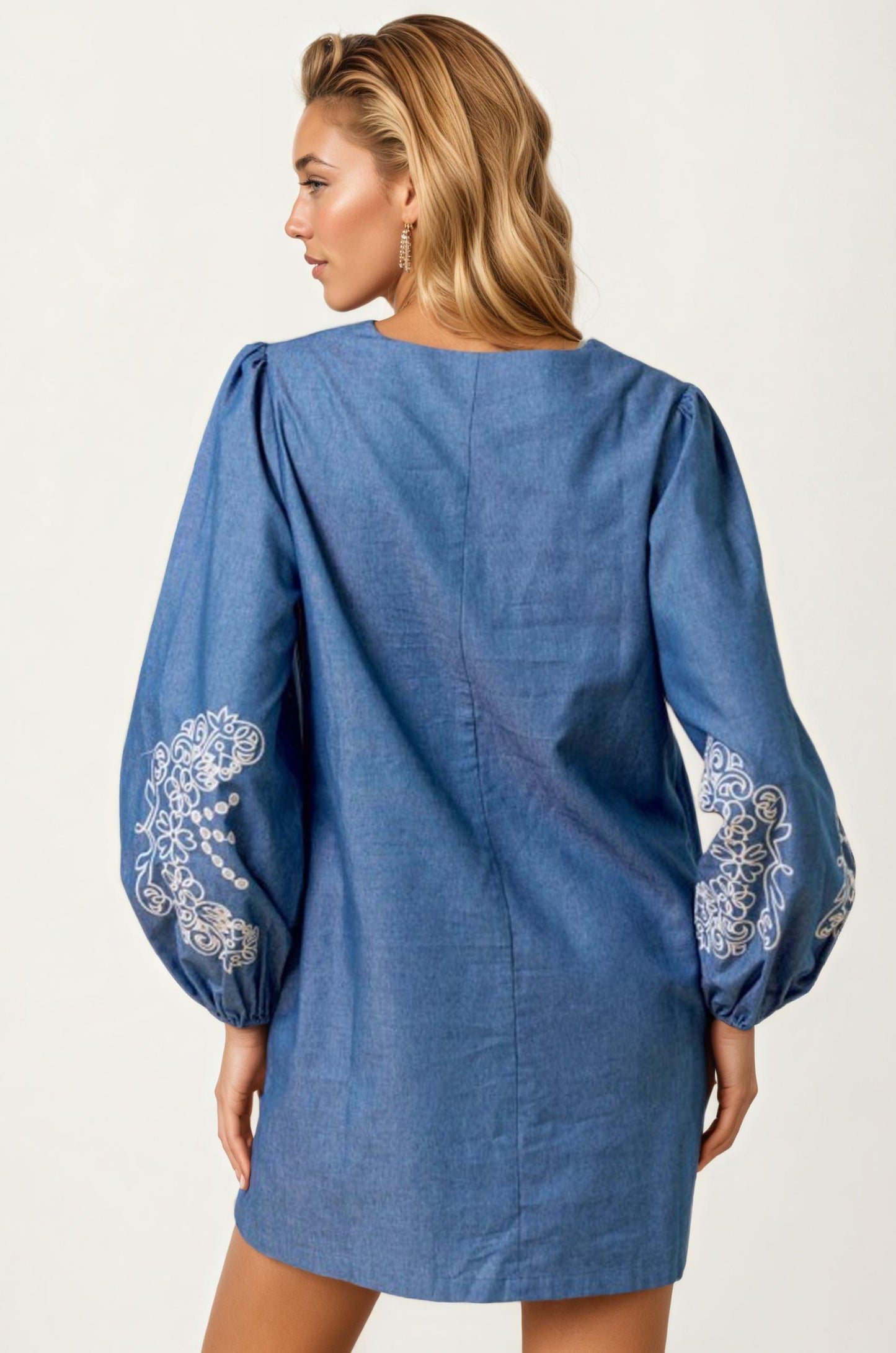 Embroidered Chambray Mini Dress with Long Sleeves