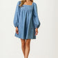 Square Neck Denim Mini Dress with Long Puff Sleeves