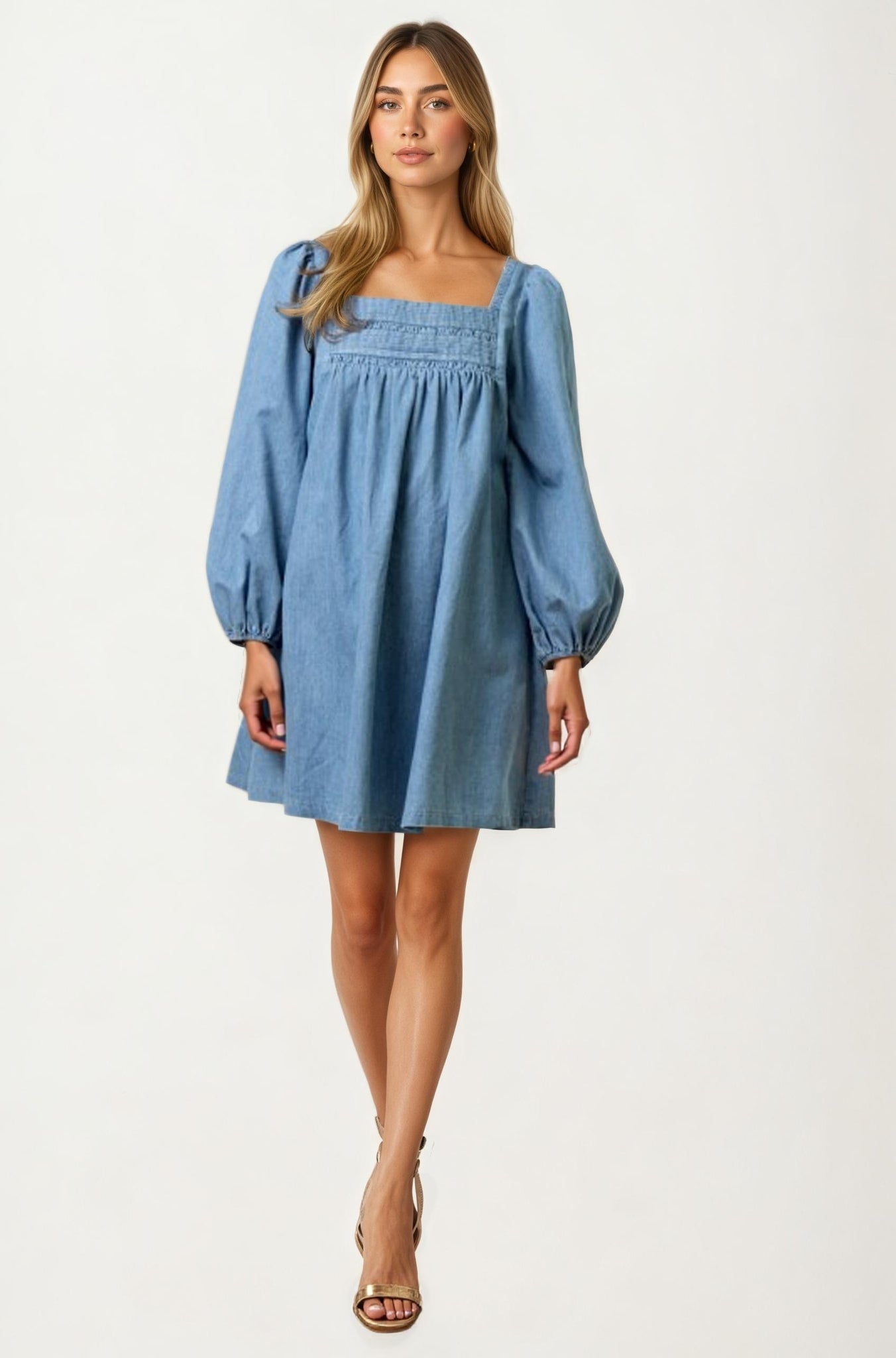 Square Neck Denim Mini Dress with Long Puff Sleeves