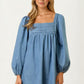 Square Neck Denim Mini Dress with Long Puff Sleeves