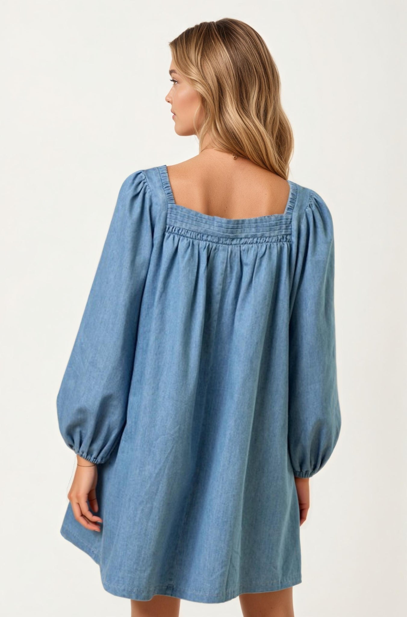 Square Neck Denim Mini Dress with Long Puff Sleeves