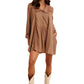 Long Sleeve Button-Front Babydoll Dress with Crochet Trim