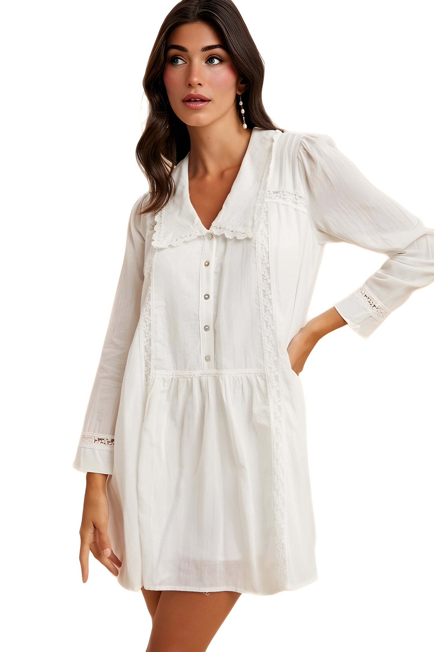 Long Sleeve Ivory Babydoll Dress with Lace Trim & Button Detail
