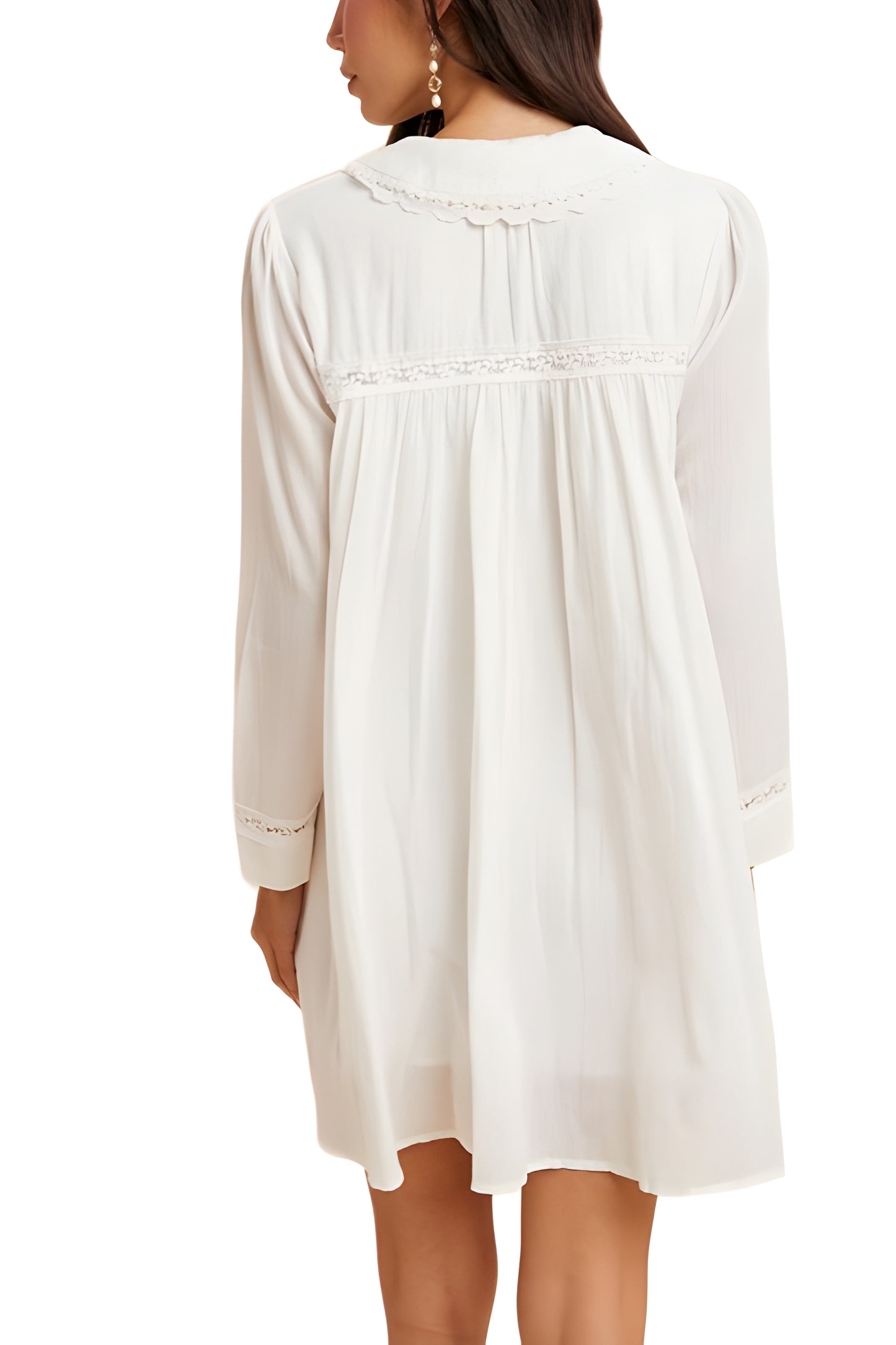 Long Sleeve Ivory Babydoll Dress with Lace Trim & Button Detail