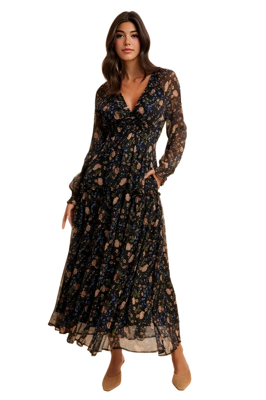 Black Floral Chiffon Maxi Dress with Long Sleeves