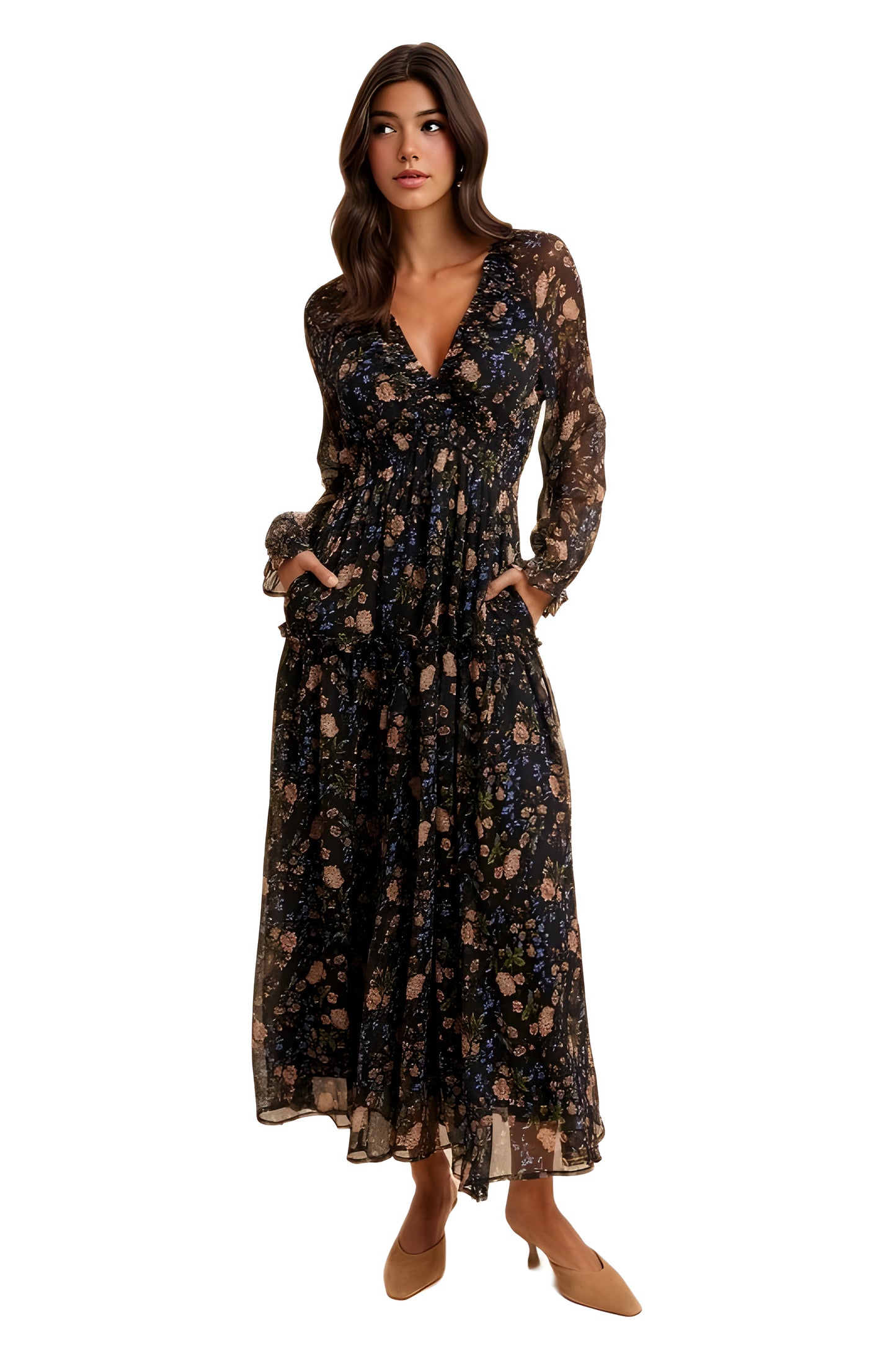 Black Floral Chiffon Maxi Dress with Long Sleeves