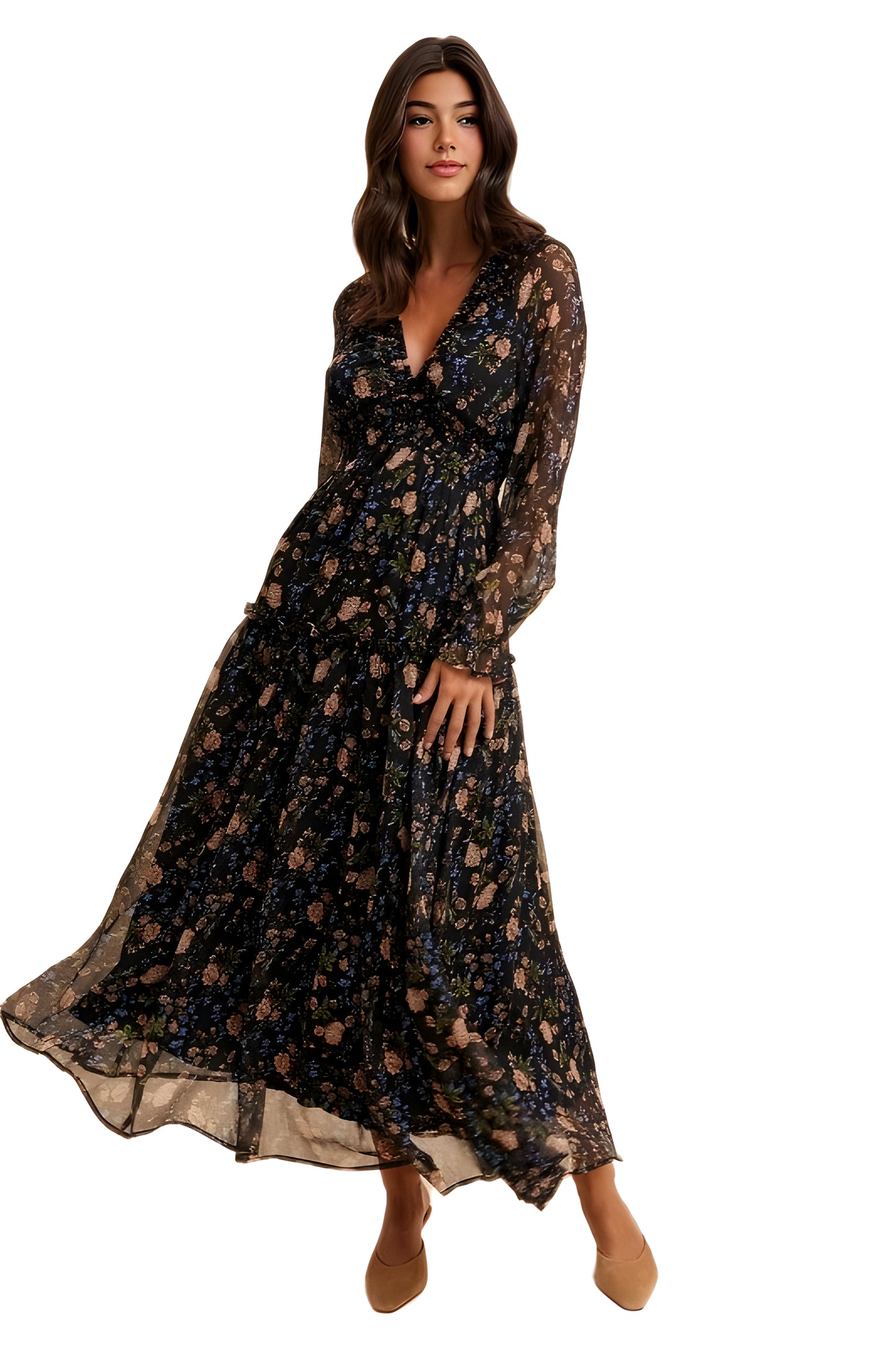 Black Floral Chiffon Maxi Dress with Long Sleeves