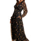 Black Floral Chiffon Maxi Dress with Long Sleeves