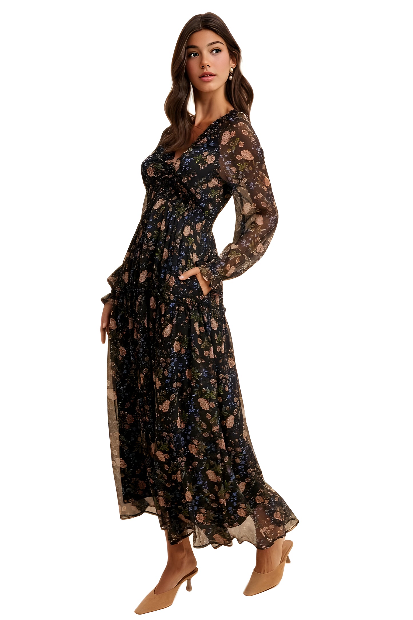 Black Floral Chiffon Maxi Dress with Long Sleeves