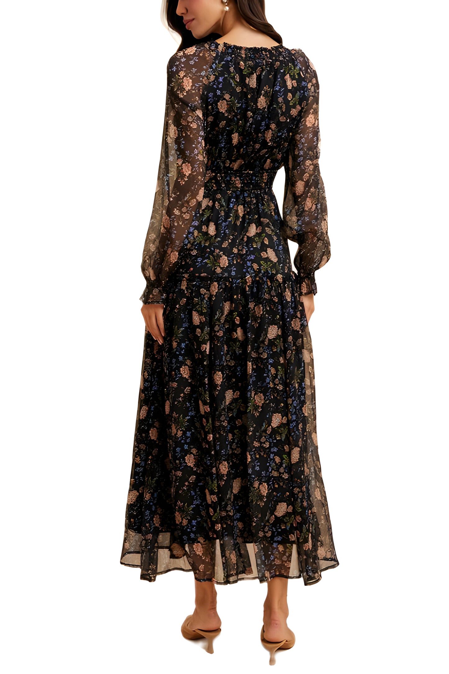 Black Floral Chiffon Maxi Dress with Long Sleeves