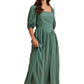 Square-Neck Puff Sleeve Midi Dress in Sage