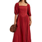 Square-Neck Puff Sleeve Midi Dress in Soft Crimson