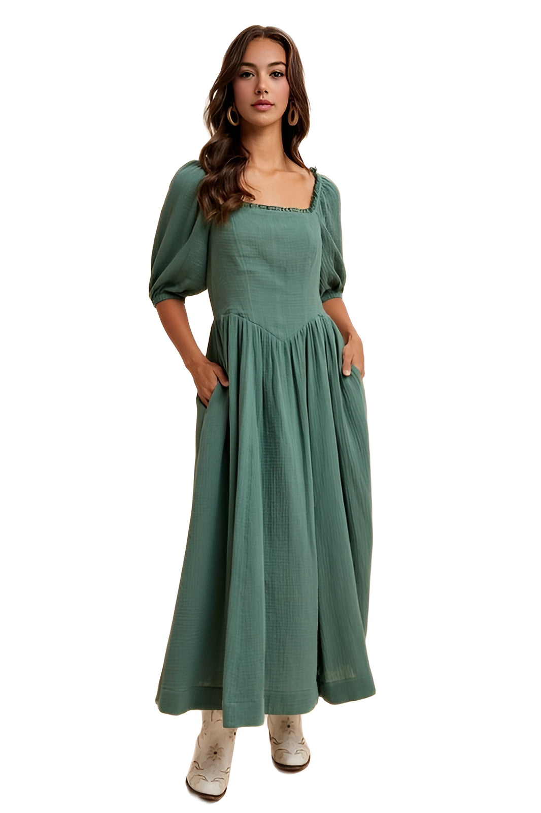 Square-Neck Puff Sleeve Midi Dress in Sage