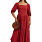 Square-Neck Puff Sleeve Midi Dress in Soft Crimson