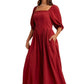 Square-Neck Puff Sleeve Midi Dress in Soft Crimson