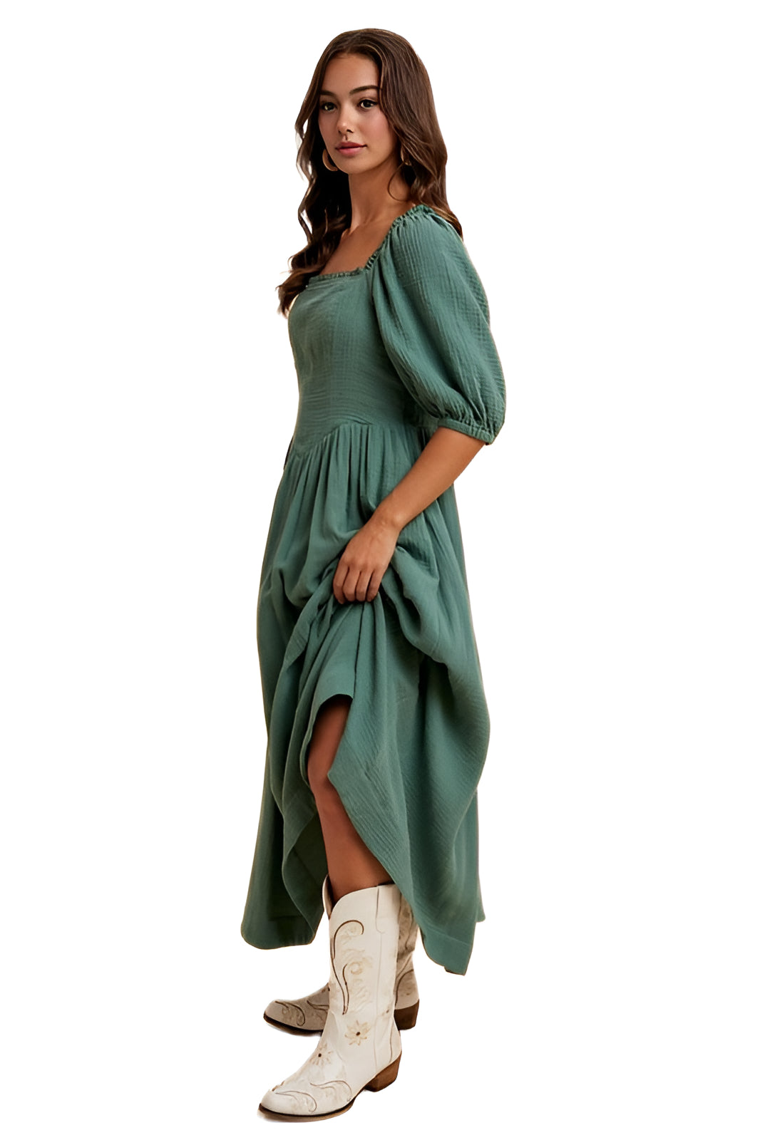 Square-Neck Puff Sleeve Midi Dress in Sage
