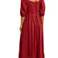 Square-Neck Puff Sleeve Midi Dress in Soft Crimson