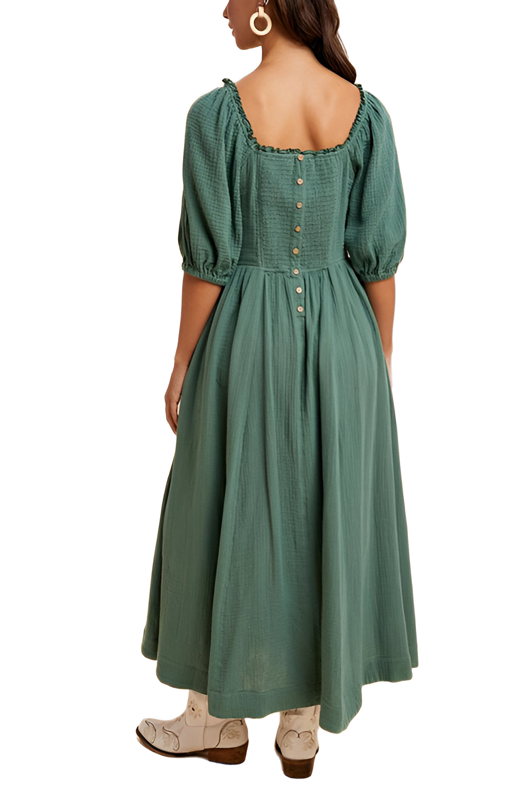 Square-Neck Puff Sleeve Midi Dress in Sage