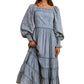 Blue Long-Sleeve Tiered Maxi Dress with Square Neck