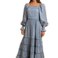 Blue Long-Sleeve Tiered Maxi Dress with Square Neck