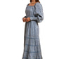 Blue Long-Sleeve Tiered Maxi Dress with Square Neck