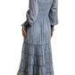 Blue Long-Sleeve Tiered Maxi Dress with Square Neck