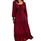 Burgundy Long-Sleeve Smocked Maxi Dress with Tiered Skirt