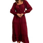 Burgundy Long-Sleeve Smocked Maxi Dress with Tiered Skirt