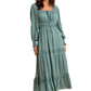 Teal Tiered Maxi Dress with Smocked Waist and Long Sleeves