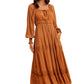 Orange Tiered Maxi Dress with Smocked Waist and Long Sleeves