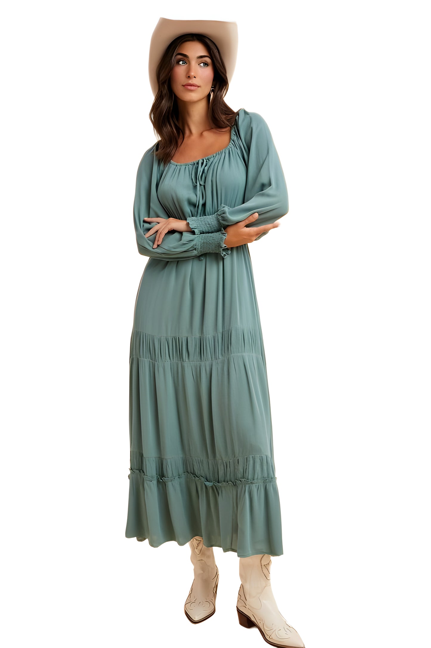 Teal Tiered Maxi Dress with Smocked Waist and Long Sleeves