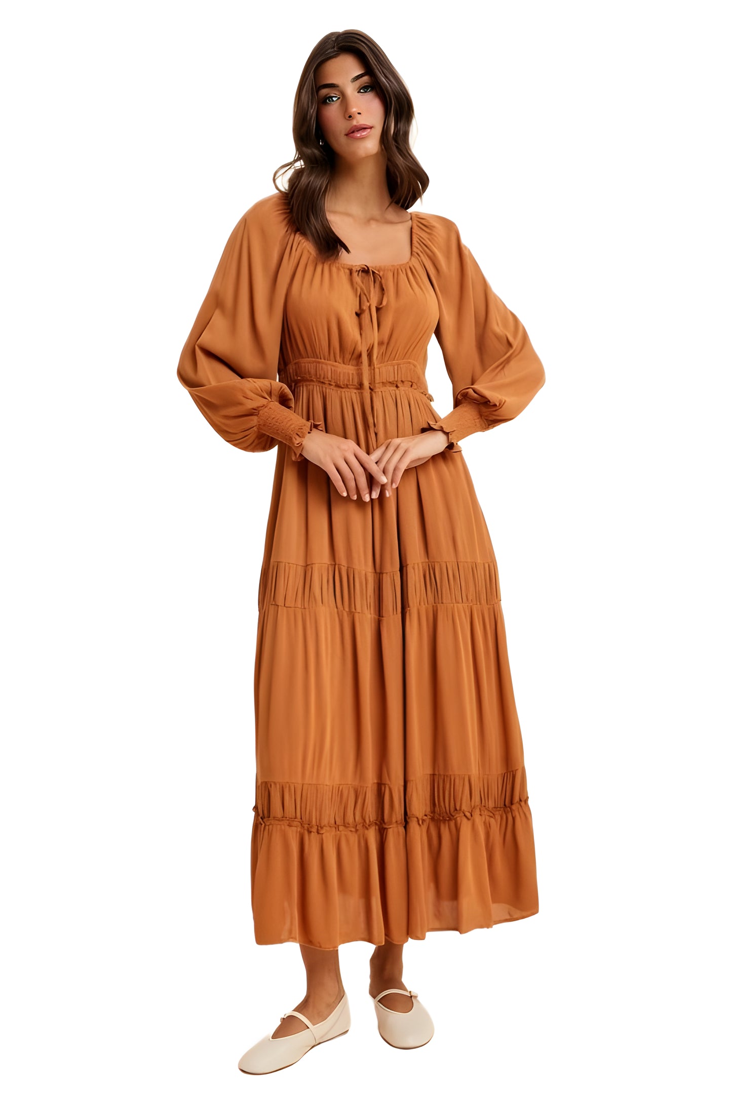 Orange Tiered Maxi Dress with Smocked Waist and Long Sleeves